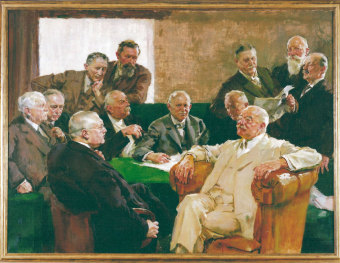 The managing board of I.G. Farben AG, called the “Council of the Gods” by employees, painting by Hermann Gröber. At front left in the picture is Carl Bosch, at front right is Carl Duisberg.'© HistoCom GmbH