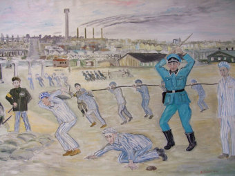 Benjamin Grünfeld: Prisoners are beaten while working at the I.G. Auschwitz construction site'© Benjamin Grünfeld