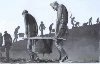 Using the simplest of means, prisoners are forced to empty the latrine pits'© Maurice de la Pintière papers