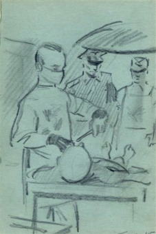 Serge Smulevic: Drawings for the 'prosecution in the I.G. Farben Trial in 'Nuremberg: In the prisoner infirmary 'at the Buna/Monowitz concentration camp'© Serge Smulevic